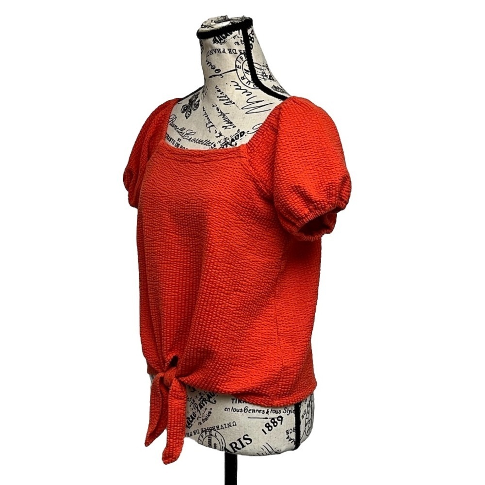 Ann Taylor LOFT Seersucker Tie Front Square Neck Puff Sleeve Top Orange XS - Picture 3 of 10
